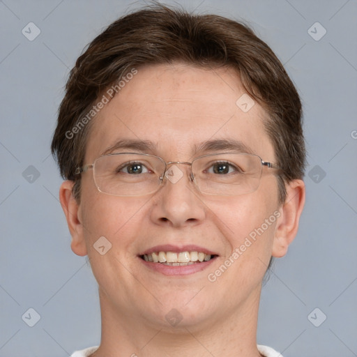 Joyful white adult male with short  brown hair and grey eyes