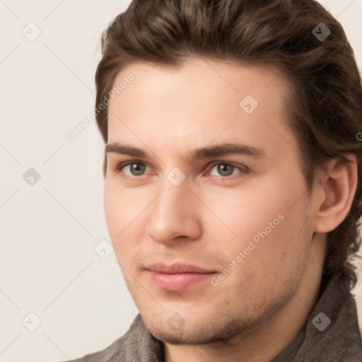 Neutral white young-adult male with short  brown hair and grey eyes