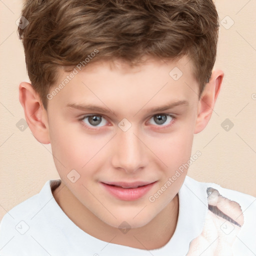 Joyful white child male with short  brown hair and brown eyes