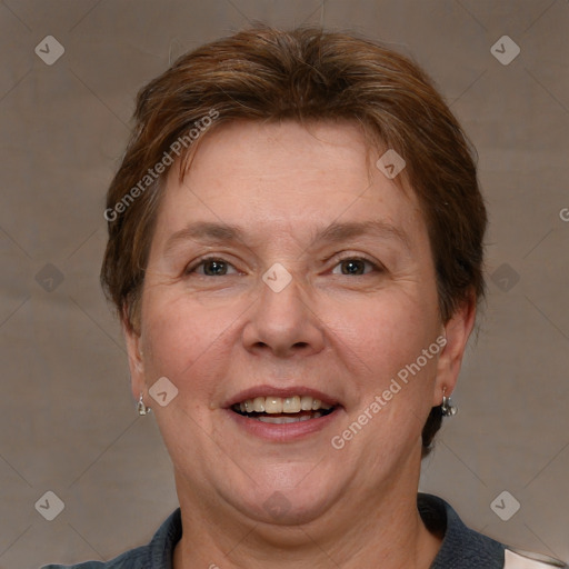 Joyful white adult female with short  brown hair and brown eyes