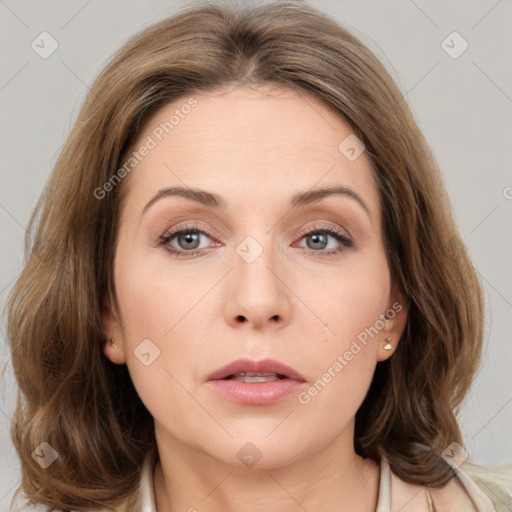 Neutral white young-adult female with medium  brown hair and grey eyes