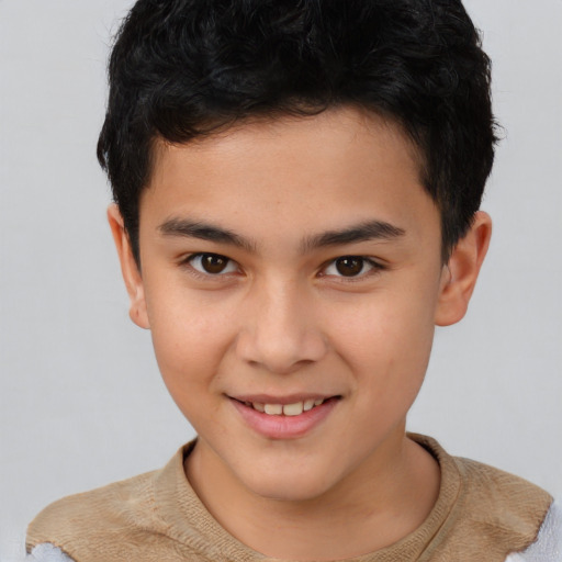 Joyful asian child male with short  brown hair and brown eyes