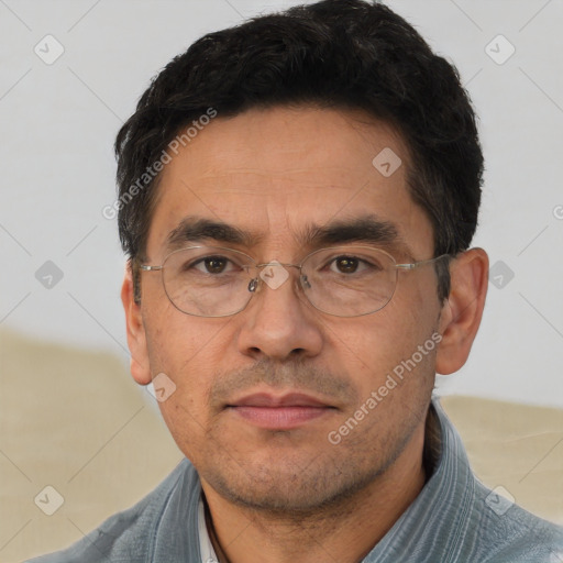 Neutral asian adult male with short  black hair and brown eyes