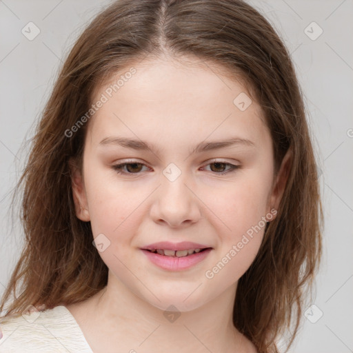 Joyful white child female with medium  brown hair and brown eyes