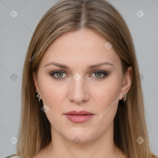 Neutral white young-adult female with long  brown hair and grey eyes