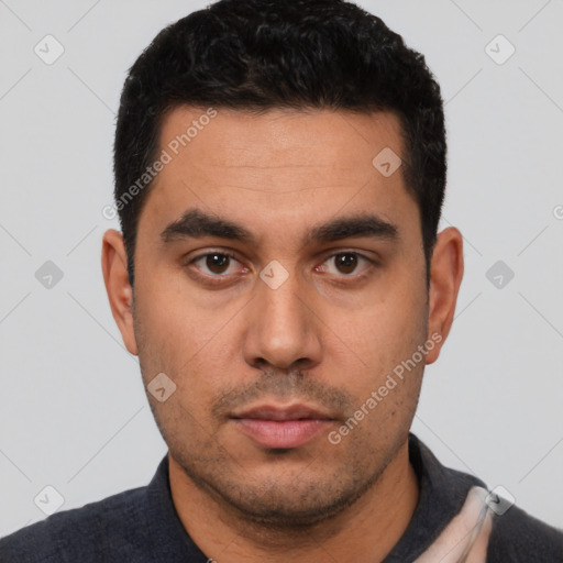 Neutral latino young-adult male with short  black hair and brown eyes