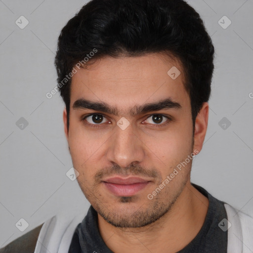 Neutral white young-adult male with short  black hair and brown eyes
