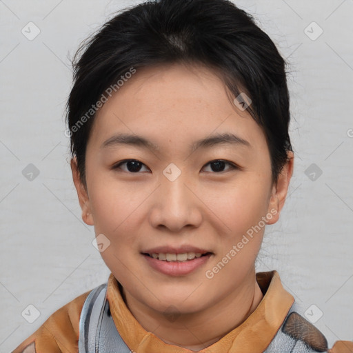 Joyful asian young-adult female with short  brown hair and brown eyes