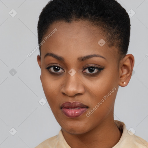 Joyful black young-adult female with short  brown hair and brown eyes