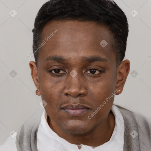 Neutral black young-adult male with short  black hair and brown eyes