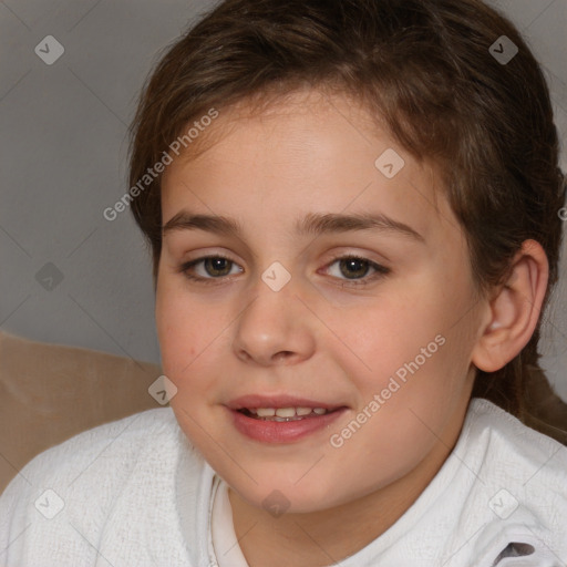 Joyful white child female with medium  brown hair and brown eyes