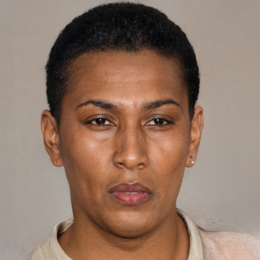 Neutral latino young-adult female with short  black hair and brown eyes