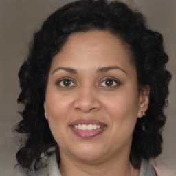 Joyful black adult female with long  brown hair and brown eyes