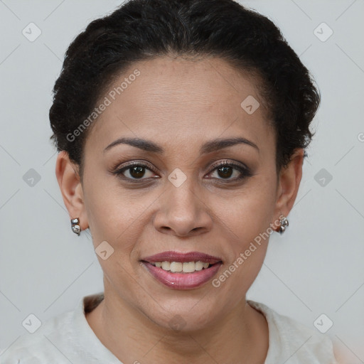 Joyful latino young-adult female with short  brown hair and brown eyes