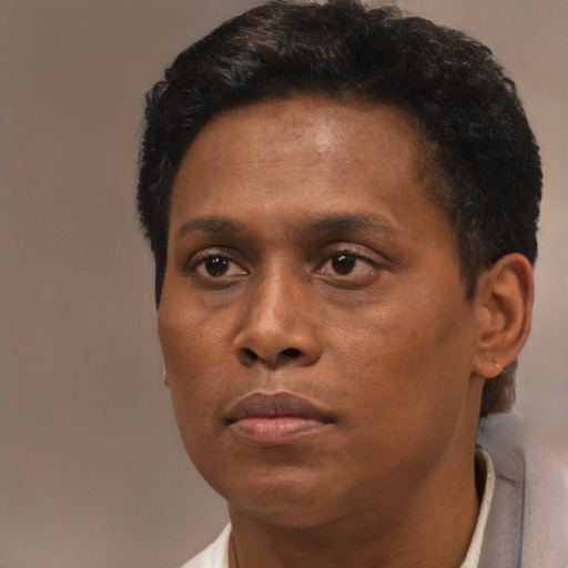 Neutral black adult male with short  brown hair and brown eyes