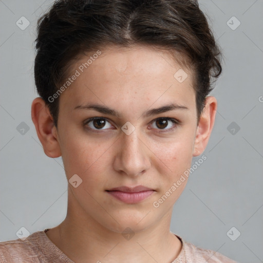 Neutral white young-adult female with short  brown hair and brown eyes