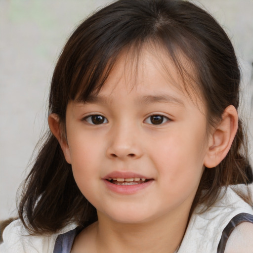 Joyful white child female with medium  brown hair and brown eyes