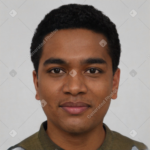 Joyful black young-adult male with short  black hair and brown eyes
