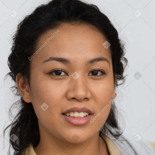 Joyful latino young-adult female with long  brown hair and brown eyes