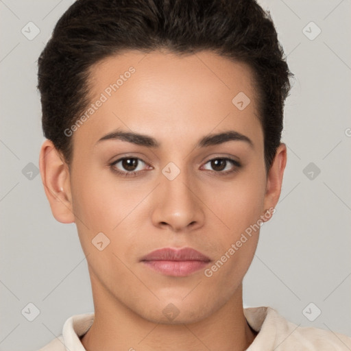 Joyful white young-adult female with short  brown hair and brown eyes