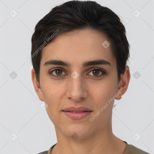 Joyful white young-adult female with short  brown hair and brown eyes