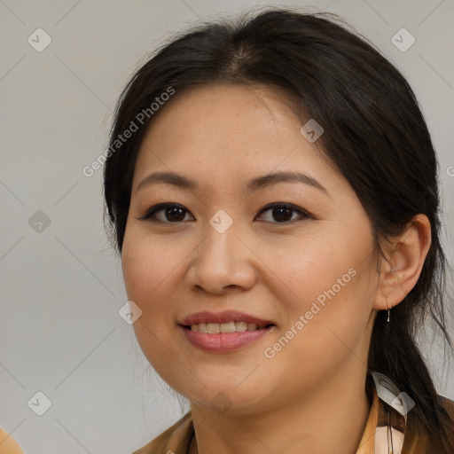 Joyful white young-adult female with medium  brown hair and brown eyes