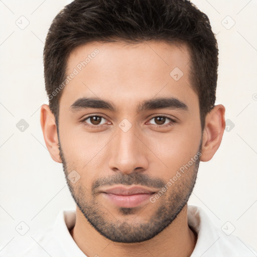 Neutral white young-adult male with short  brown hair and brown eyes