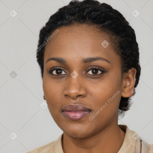 Neutral black young-adult female with short  black hair and brown eyes