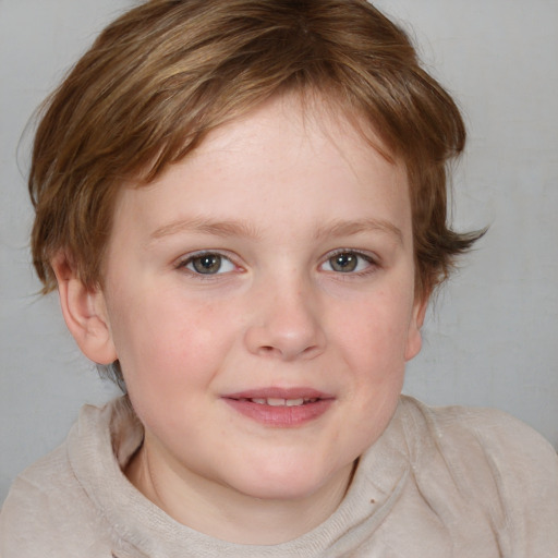 Joyful white child female with medium  brown hair and blue eyes