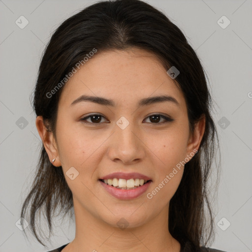 Joyful asian young-adult female with medium  brown hair and brown eyes