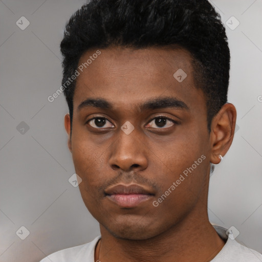 Neutral black young-adult male with short  black hair and brown eyes