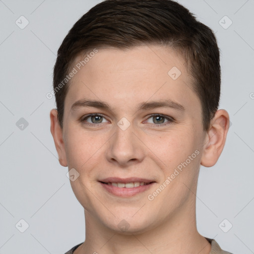 Joyful white young-adult female with short  brown hair and grey eyes