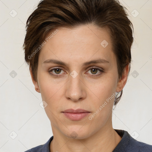 Neutral white young-adult female with short  brown hair and brown eyes