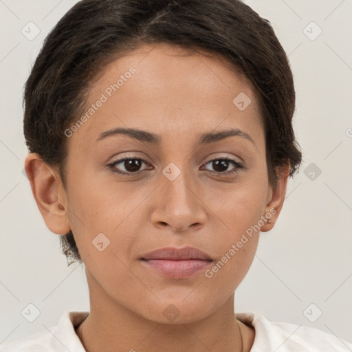 Joyful white young-adult female with short  brown hair and brown eyes