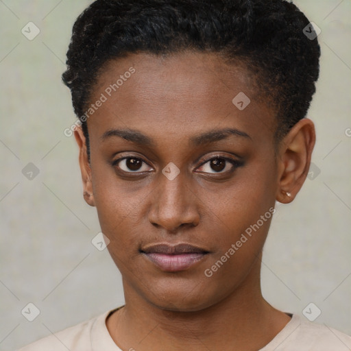 Neutral black young-adult female with short  black hair and brown eyes