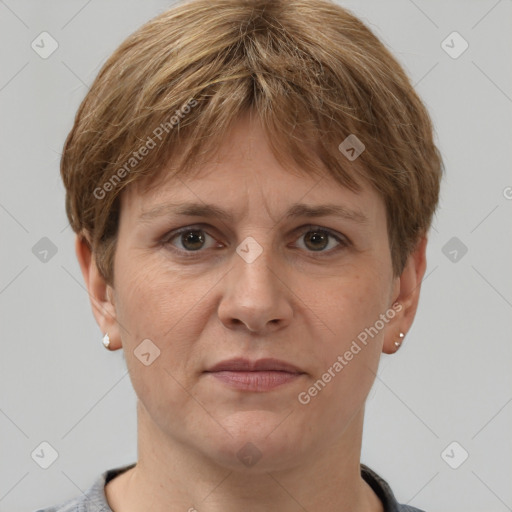 Joyful white adult male with short  brown hair and grey eyes