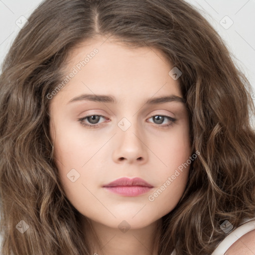 Neutral white young-adult female with long  brown hair and brown eyes