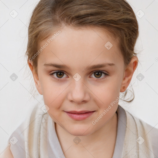 Joyful white child female with medium  brown hair and brown eyes