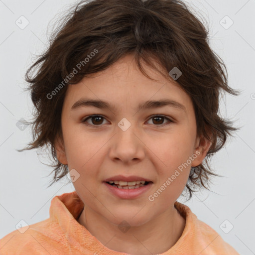 Joyful white child female with medium  brown hair and brown eyes