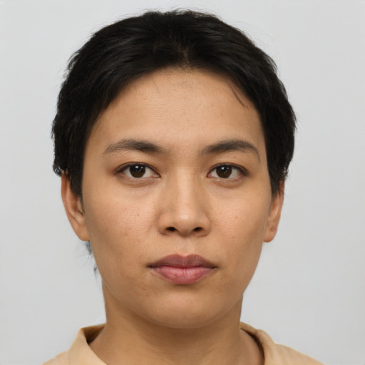 Neutral asian young-adult female with short  black hair and brown eyes