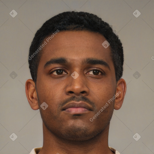 Neutral black young-adult male with short  black hair and brown eyes