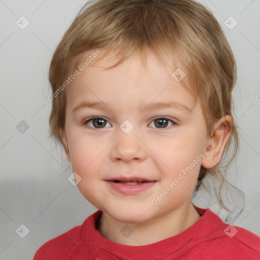 Joyful white child female with medium  brown hair and brown eyes