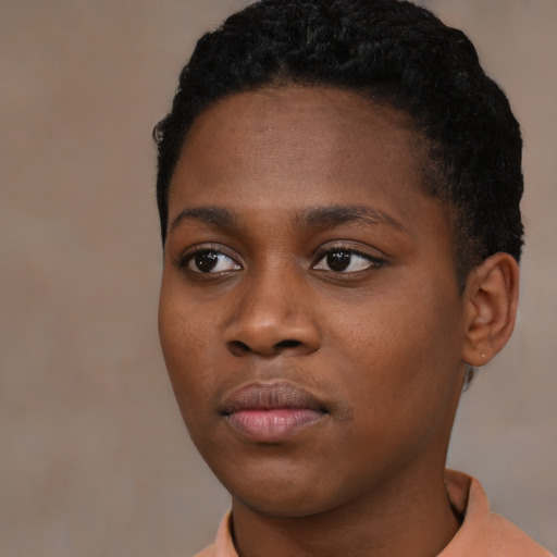 Neutral black young-adult female with short  black hair and brown eyes