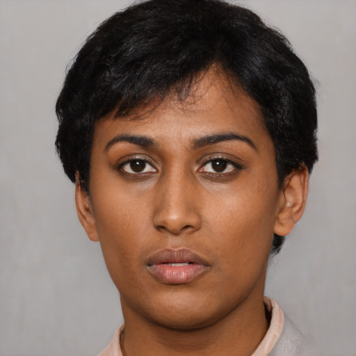 Neutral asian young-adult female with short  black hair and brown eyes