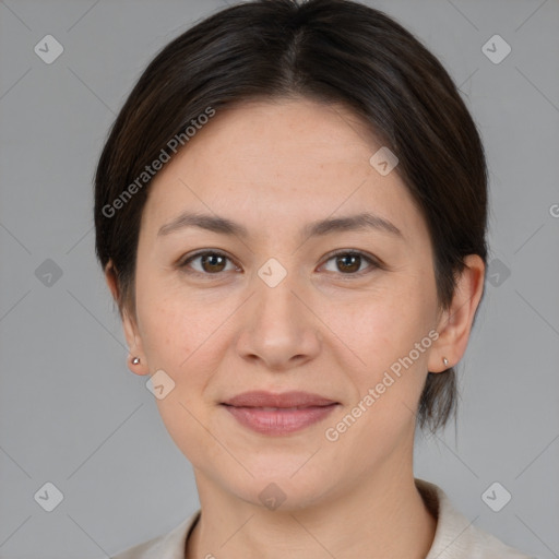 Joyful white young-adult female with medium  brown hair and brown eyes