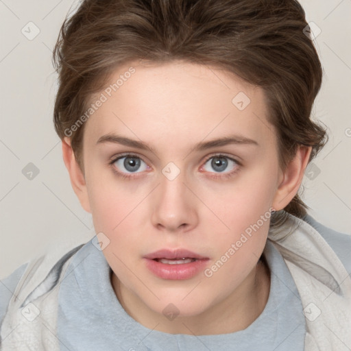 Neutral white young-adult female with medium  brown hair and grey eyes