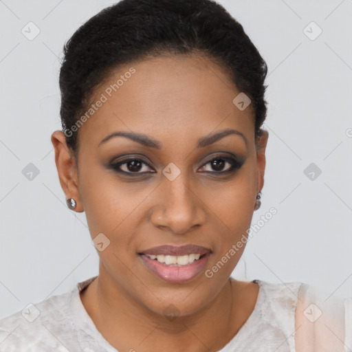 Joyful latino young-adult female with short  brown hair and brown eyes