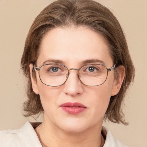 Joyful white adult female with medium  brown hair and green eyes