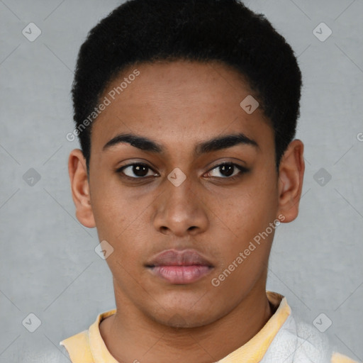 Neutral latino young-adult female with short  black hair and brown eyes