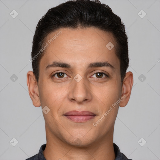 Joyful white young-adult male with short  brown hair and brown eyes